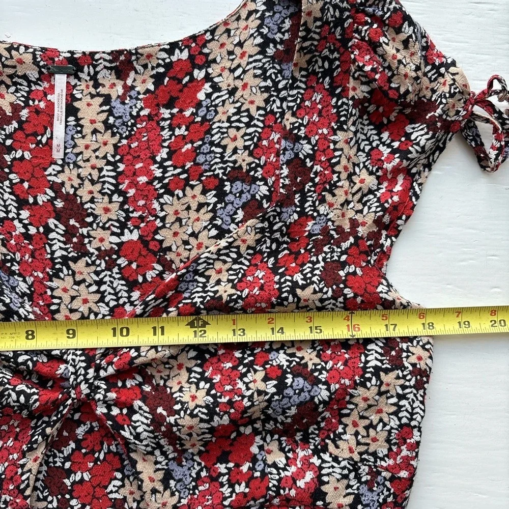 Free People Floral Mini‎ Dress Women M Boho Red Cutout Twist Front Tie Sleeve